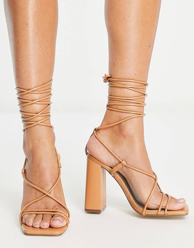 Missguided tie up block heeled sandals in tan